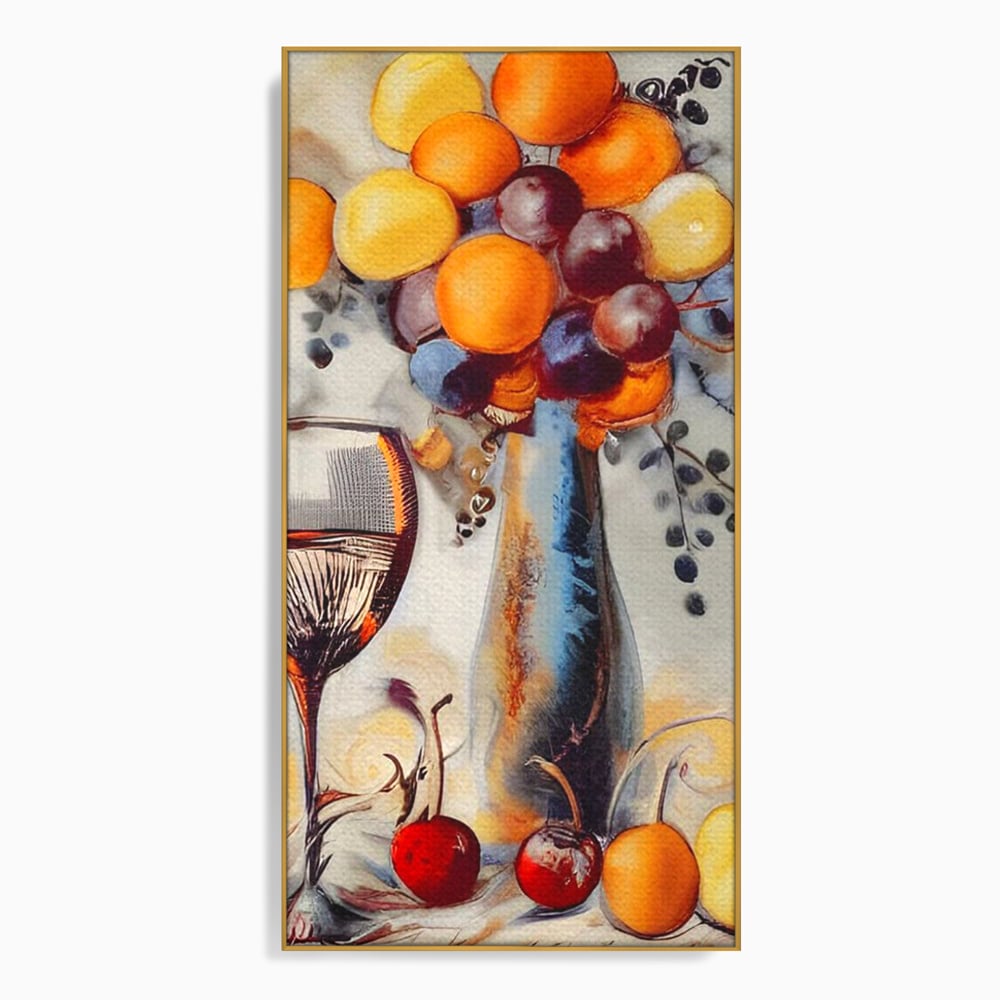 Tablou canvas cu tablou cu sticla, pahar de vin si fructe, in rama de aluminiu auriu